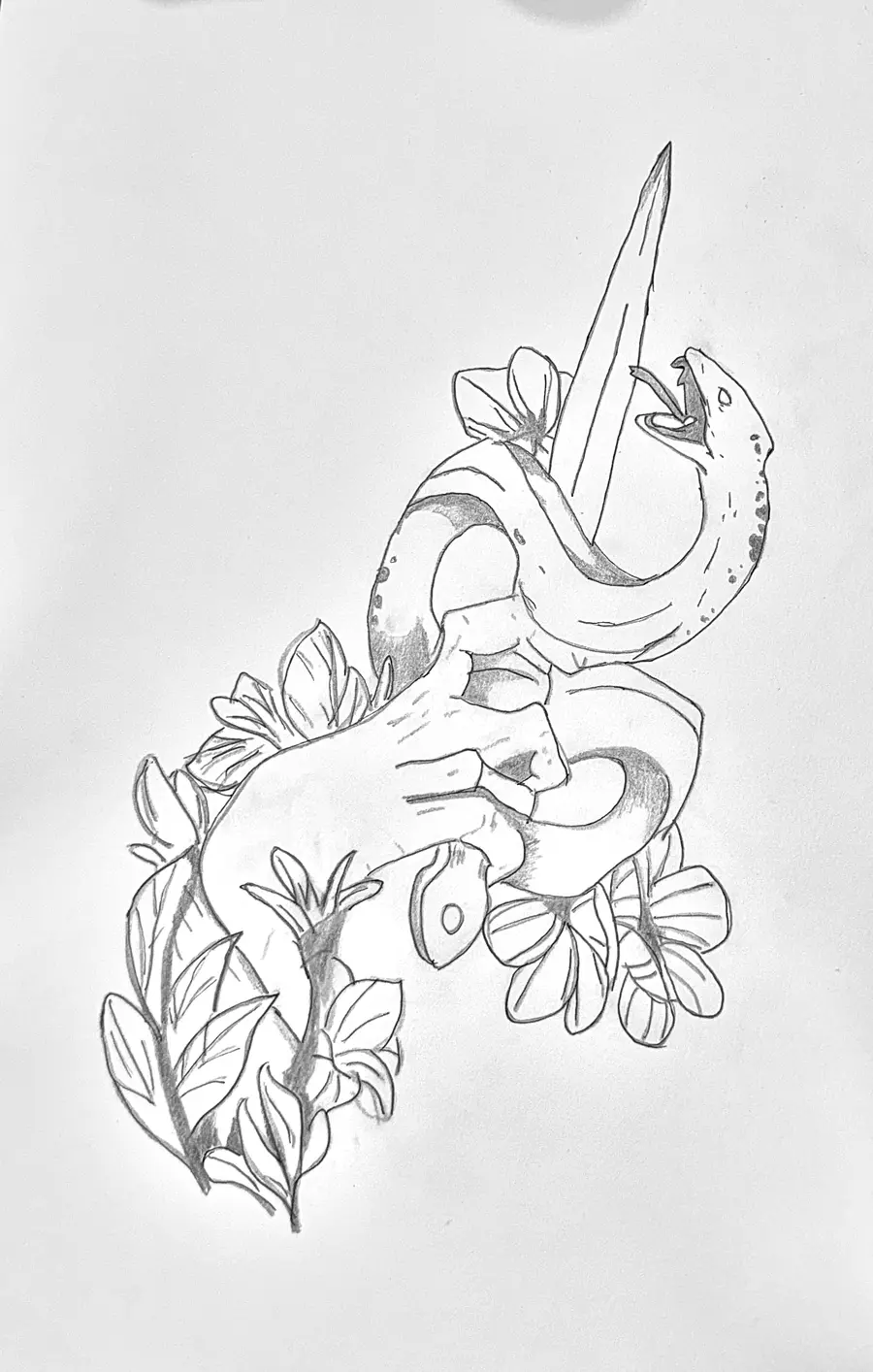 Pencil drawing of a hand holding a dagger, wrapped by a snake and flowers