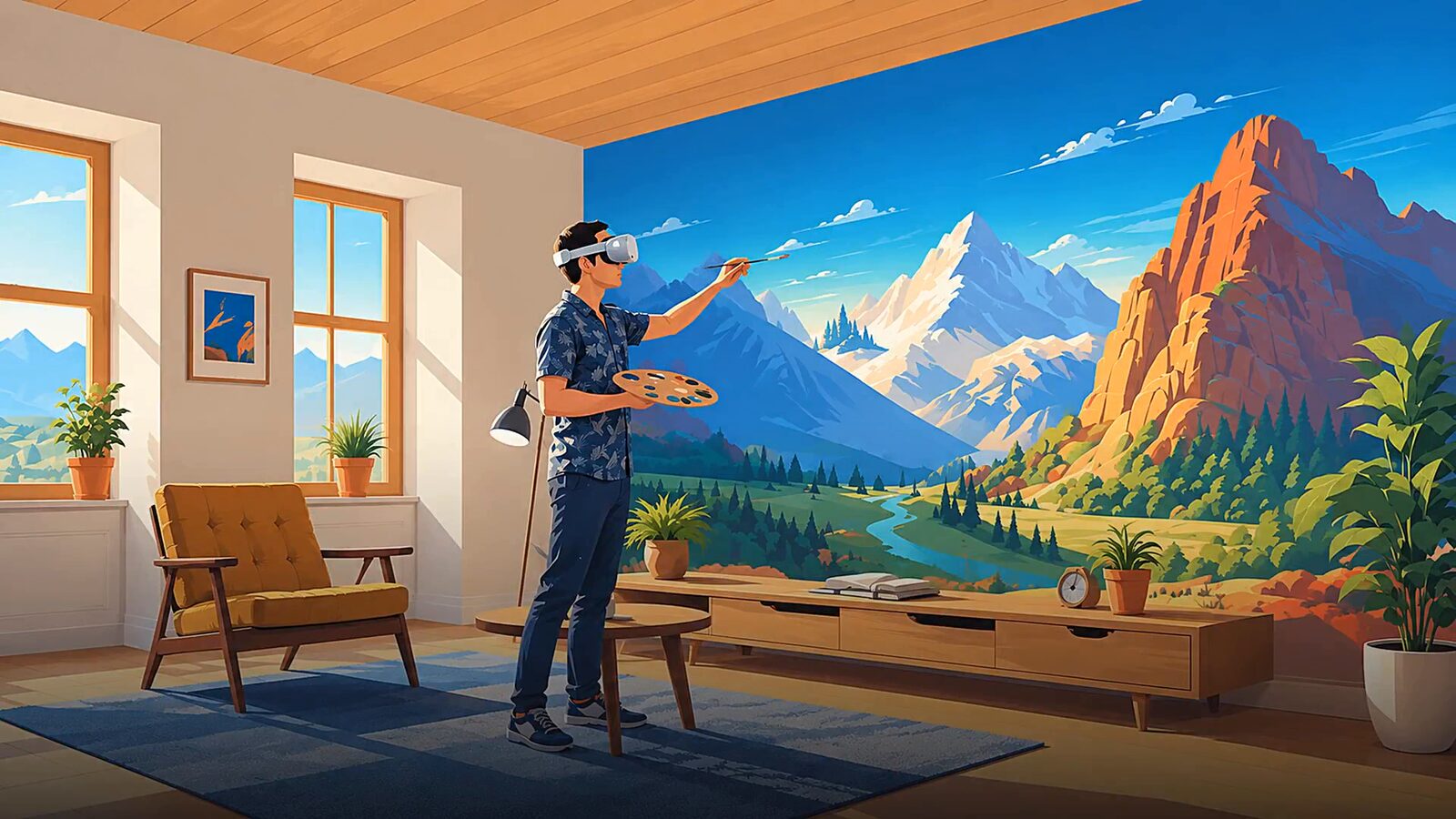 Illustration of a person wearing a Quest headset, painting a mountain mural across a living room wall