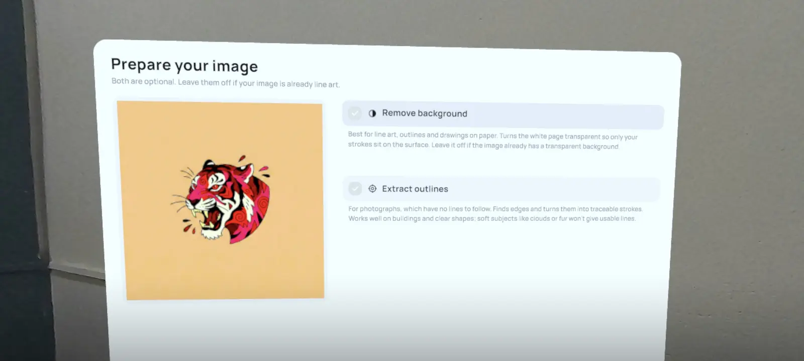 The prepare-your-image panel showing a tiger design with options to remove the background or extract outlines