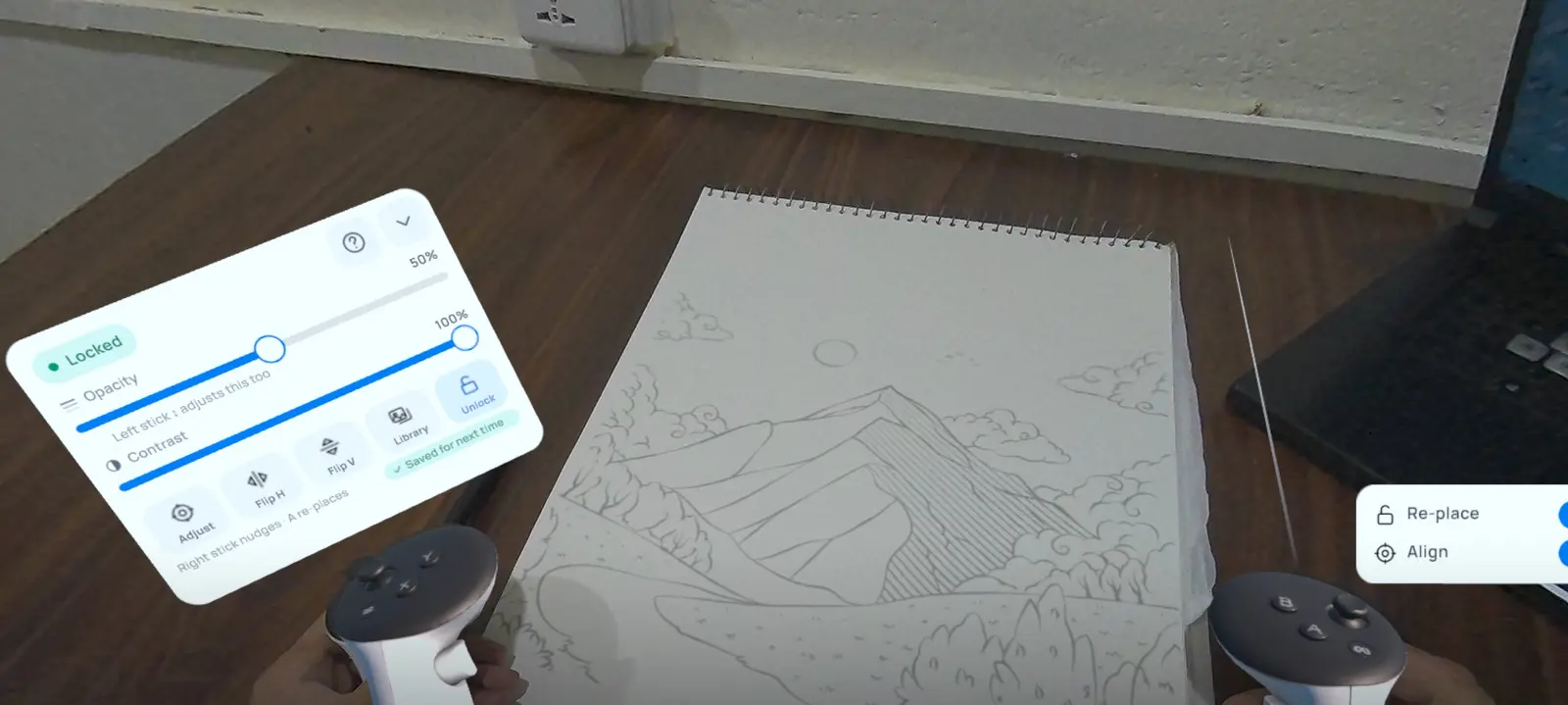 Drawing over a locked landscape on a sketchbook, with opacity and contrast sliders and flip controls